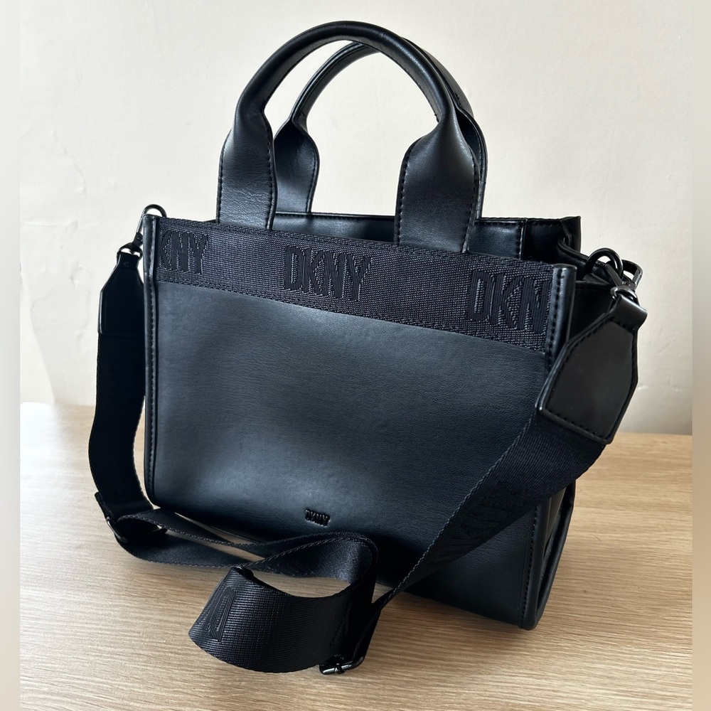 DKNY Black Leather Messenger Tote with Branded Strap